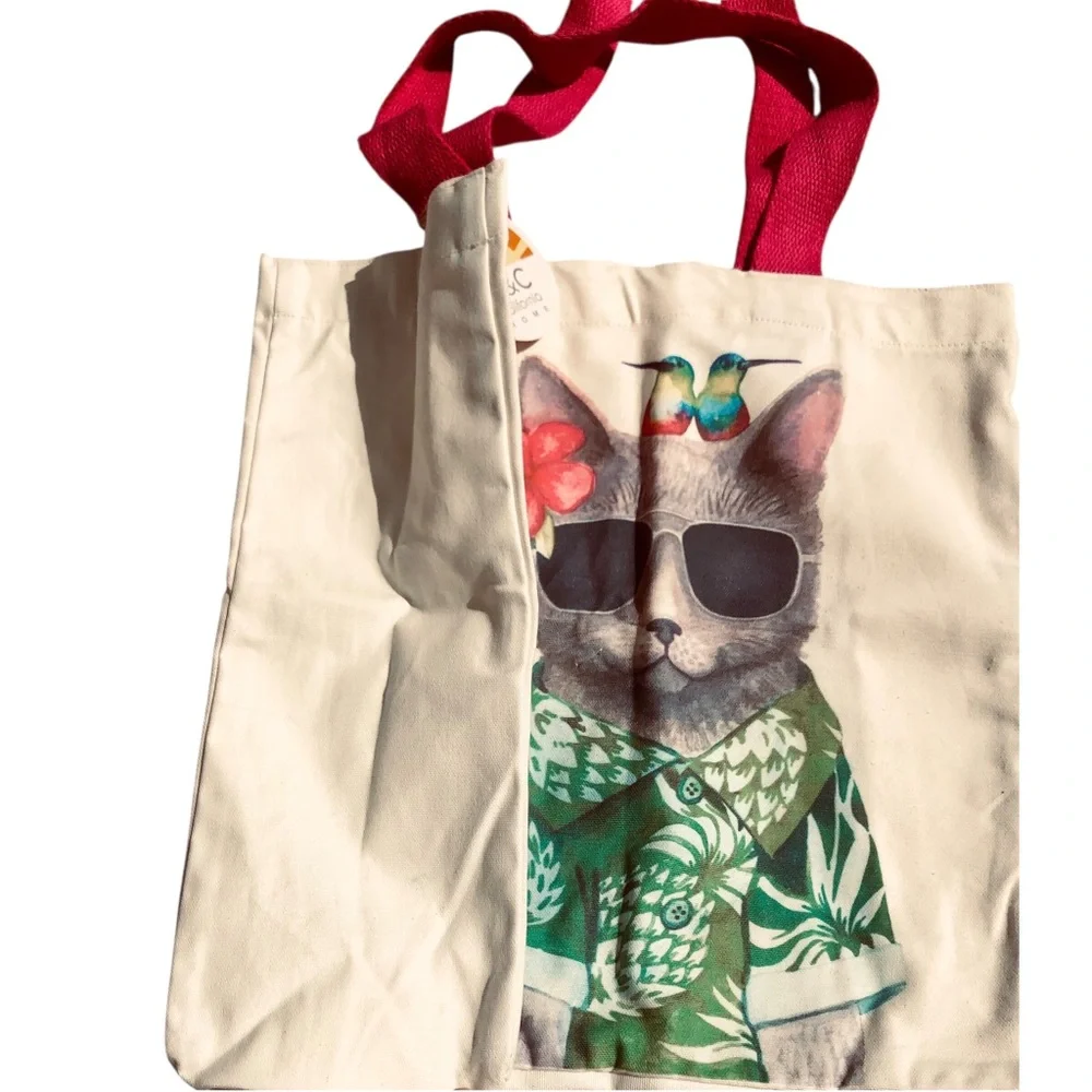 Canvas Cool Cat Tote with Pink Handles and Green Tropical Print